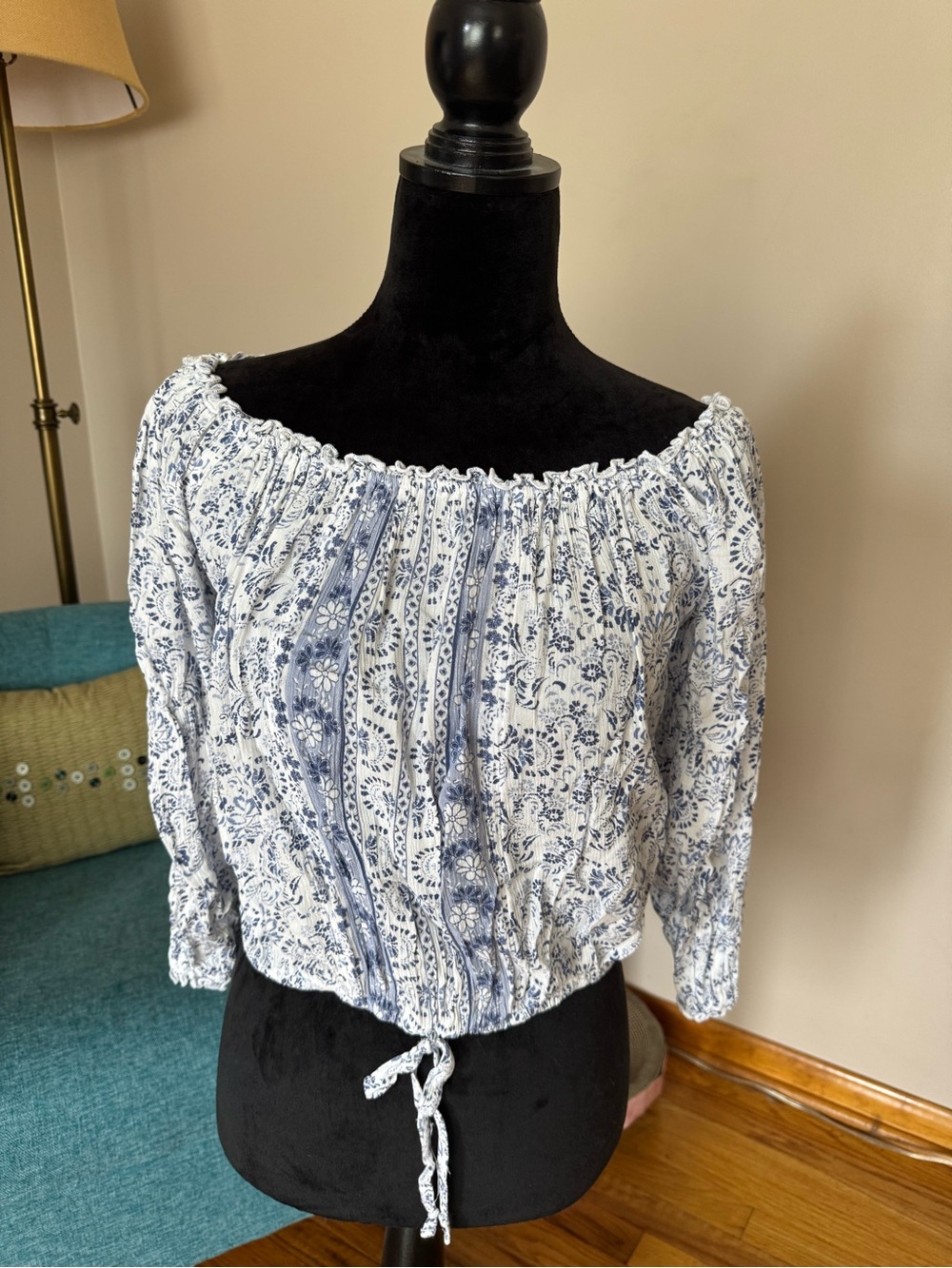 Hollister Off-Shoulder Blue and White Printed Peasant Top